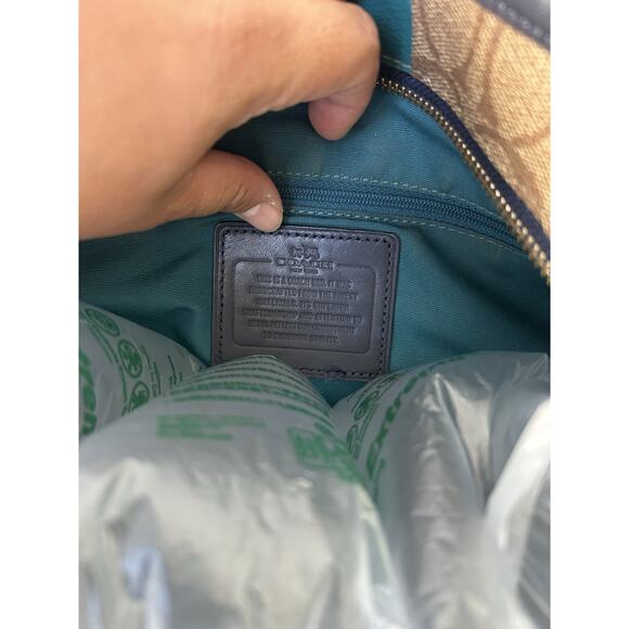 Y2K Coach Signature Monogram Stripes Shoulder Bag Tote Khaki Blue Leather Trim - Picture 3 of 13